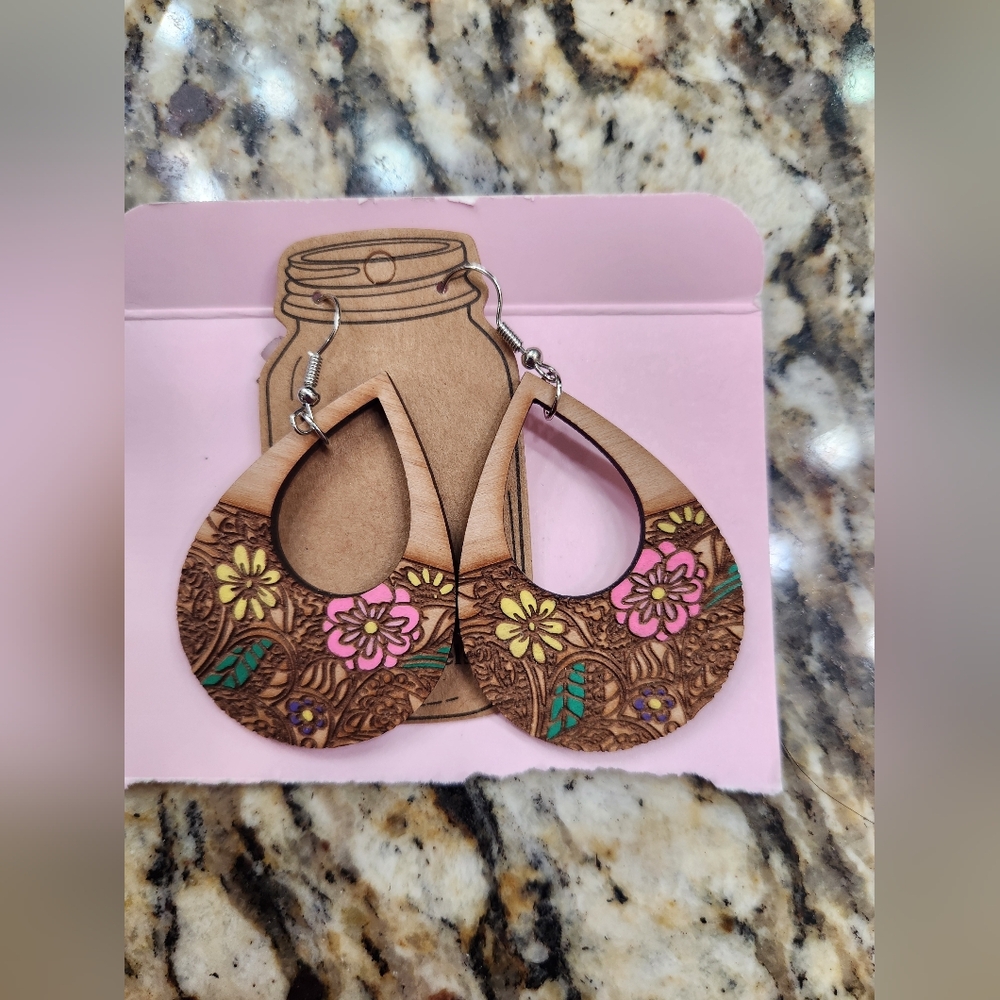 Floral Wooden Teardrop Earrings